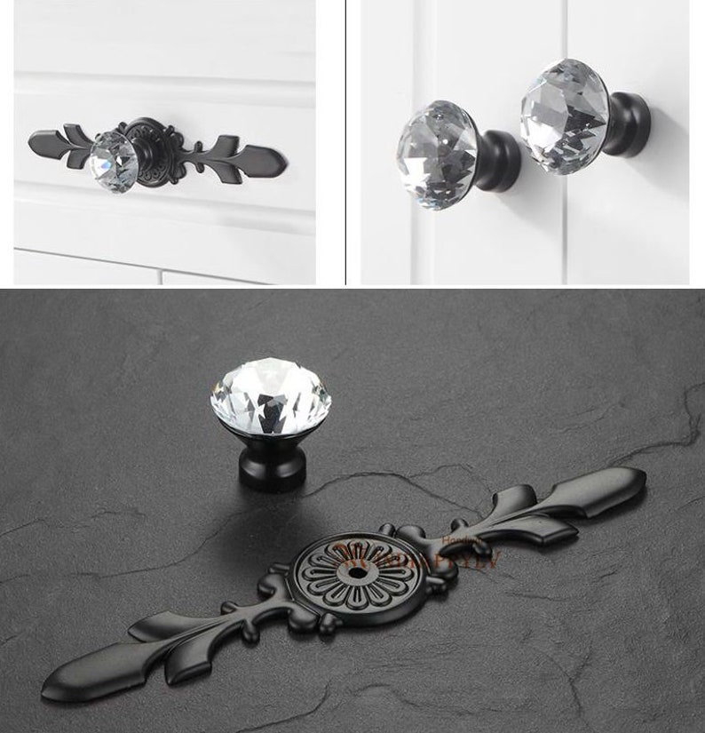 Glass Knobs Handles Dresser Knobs Pulls Crystal Drawer Knobs Pull Handles Cabinet Door Knobs Handle Pull Back Plate Bling Black Silver Clear image 8