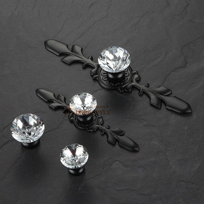 Glass Knobs Handles Dresser Knobs Pulls Crystal Drawer Knobs Pull Handles Cabinet Door Knobs Handle Pull Back Plate Bling Black Silver Clear image 4
