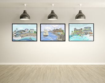 Trio of Art Prints - Sights of Seaham - Historic Hartlepool - Washed up in Whitby - plus Bonus Poster - From Seaham England