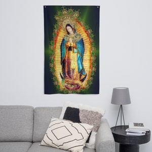 34.5 x 56 Inches Our Lady of Guadalupe Mexican Virgin Aztec Banner Flag