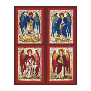 May include: Four stained glass panels depicting the archangels Michael, Gabriel, Raphael, and Uriel. Each panel features a different angel with wings, a halo, and a unique symbol. The panels are set against a red background.