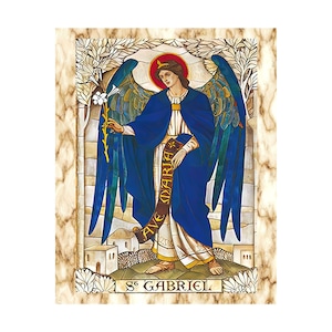 May include: A stained glass depiction of the Angel Gabriel with blue wings and a blue robe. He holds a white lily in his right hand and a scroll that reads "Ave Maria". The background is a light brown marble with a cityscape in the distance. The text "St. Gabriel" is written below the image.