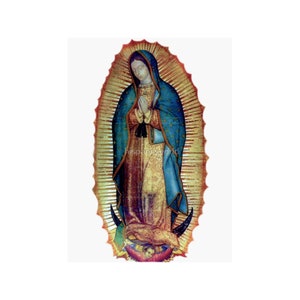 May include: A painting of the Virgin Mary, also known as Our Lady of Guadalupe, depicted in a blue and gold robe with a crown of stars. She is standing on a crescent moon with angels at her feet.