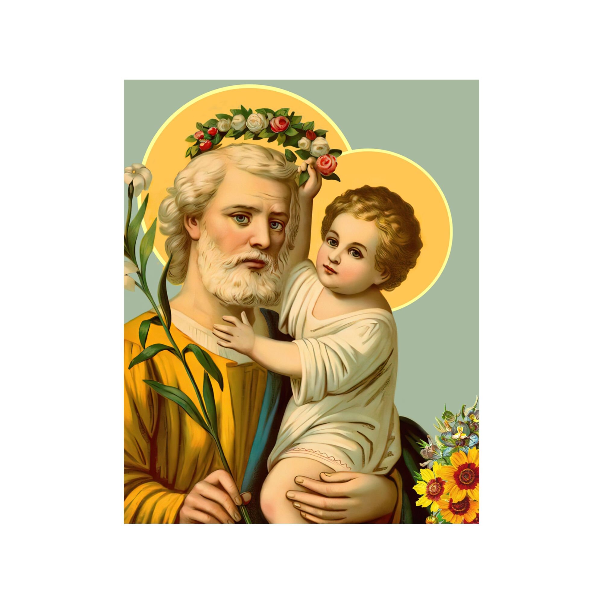 St Joseph and Child Jesus W Crown Flowers Catholic Print - Etsy