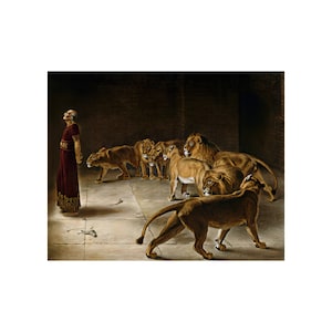 May include: A painting depicting a man in a red robe standing in a room with a group of lions. The man is looking up at the ceiling, while the lions are looking at him. The room is dimly lit, and the walls are a dark brown colour.