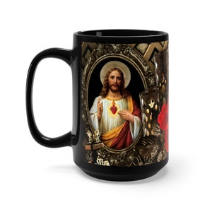 Sacred Heart of Jesus and Immaculate Heart of Mary Black Mug 15oz