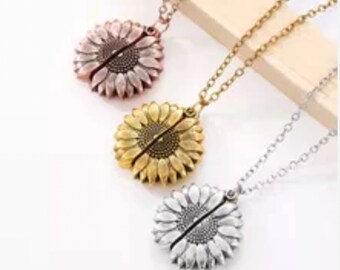 Engraved Sunflower Locket Necklace: You Are My Sunshine, 20" Chain