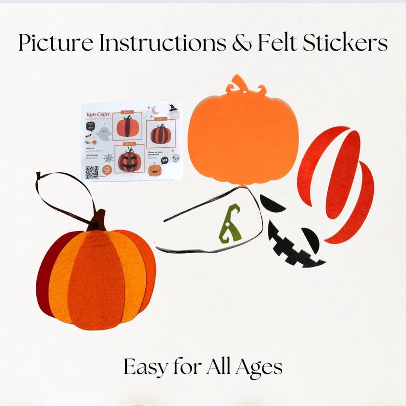 Puede incluir: Decoraciones de calabazas de fieltro naranja y pegatinas de fieltro para Halloween. La imagen incluye una variedad de formas de calabazas, caras e instrucciones. El texto de la imagen dice "Picture Instructions & Felt Stickers" y "Easy for All Ages."