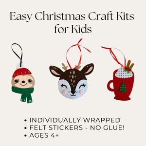 May include: Three felt Christmas ornament craft kits for kids. The kits feature a sloth, a reindeer, and a hot chocolate mug. Each kit includes felt pieces, self-adhesive felt stickers, and a string for hanging.  Individually wrapped.  Ages 4+