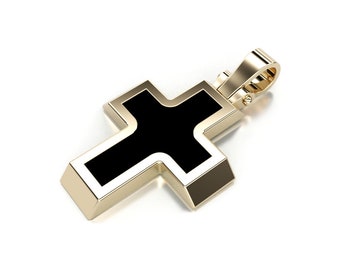 Yellow White Rose Solid Gold 9K 14K 18K Polished Cross Pendant for Man with Black Enamel