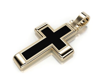 Yellow White Rose Solid Gold 9K 14K 18K Polished Cross Pendant for Man with Black Enamel for Him