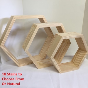 Hexagon Honeycomb Floating Wall Shelves Solid Pine Wood Choose from 12 Sizes and 18 Stain Finishes or Unfinished