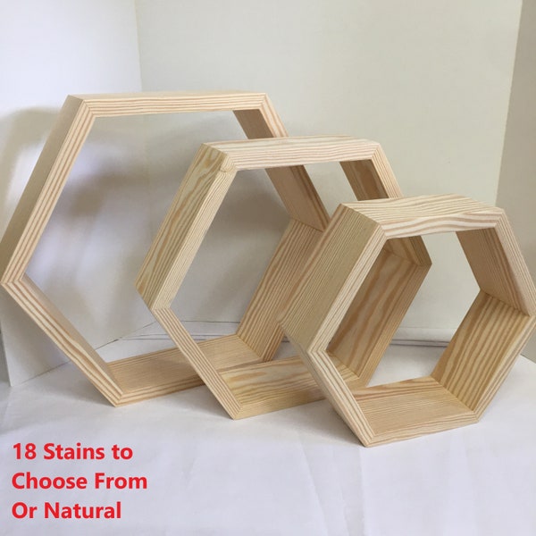 Hexagon Honeycomb Floating Wall Shelves Solid Pine Wood Choose from 12 Sizes and 18 Stain Finishes or Unfinished