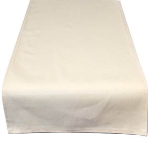 May include: A plain white cotton table runner. The runner is rectangular and has a simple, unadorned design.