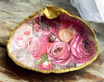 Floral Decoupage Clam Shell Jewelry Holder: Gold Trim Trinket Dish