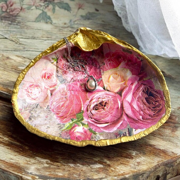 Floral Decoupage Clam Shell Jewelry Holder: Gold Trim Trinket Dish