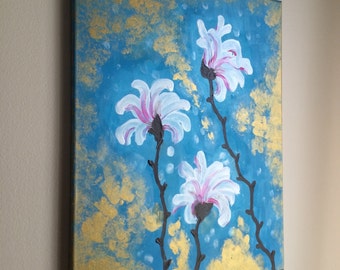 Magnolia Painting: Original Acrylic Floral Art, Gold & Teal Canvas