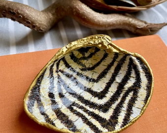 Hand-Painted Seashell Ring Dish, Tiger Print Trinket Holder, Gold Trim