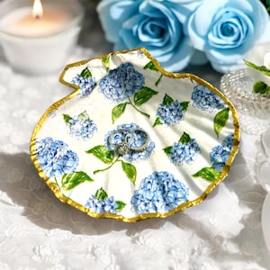 5” Large Hand Made Scallop Shell Ring Dish, Hydrangea Coastal Grandmillenia,  Bridal Shower Favors, Bridesmaids Proposal Gifts