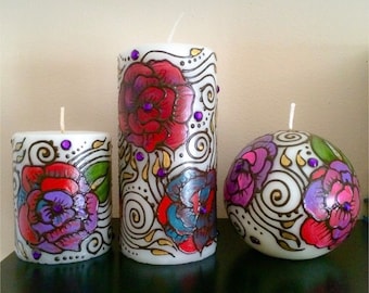 Hand Painted Rose Candle Set: Luxury Henna Art Decor