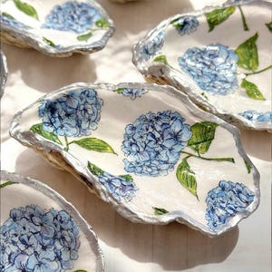 Bulk or Single Hand Made Oyster Shell Ring Dishes, Blue Hydrangea Coastal Grandmillenia,  Bridal Shower Favors, Bridesmaids Proposal Gifts