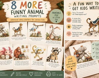 Puede incluir: Un conjunto de 8 tarjetas de escritura imprimibles con ilustraciones en acuarela de animales, incluyendo un manatí, guepardo, gaviota, conejo, ajolote, orangután, lagarto y mapache, cada una con un inicio de historia y espacio.