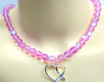 Pink Rainbow Moonstone Necklace | Rainbow Moonstone Heart Necklace | Ribbon Heart Pendant Necklace | Heart Charm Necklace | Gift For Her