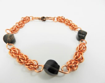 Copper Chainmaille Bracelet, Copper Chainmaille with Smokey Quartz Gemstones Bracelet. Handmade Jewellery, Gemstone and Chain Bracelet.