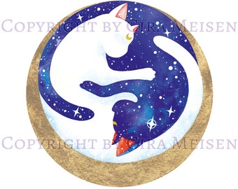 LUNARTEMIS, hoge kwaliteit print 18 x 24 cm - anime katten halve maan ying yang maan katten hoge kwaliteit print