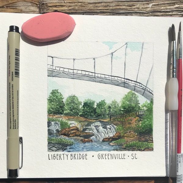 Tiny Art| Liberty Bridge |Falls Park|Greenville Watercolor Print