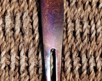 Sku# "The Pro 3" Handmade Damascus Steel Straight Fork Divot Tool by Dave Curry ~ Hand Torched Iridescent ~ Club Rest Top ~ Handground Thumb