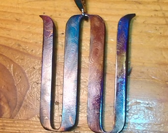 Damascus Steel Large W Monogram Pendant Handground Handmade by Dave Curry Handground Iridescent 416 Layers