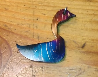 Damascus Steel Duck Duck Pendant Handground Handmade by Dave Curry Sterling Silver Chain Loop Hand Torched Iridescent 416 Layers