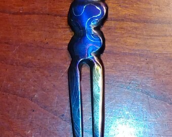 Sku# "The 2 Rocks" Handmade Hand Ground Damascus Steel Divot Tool by Dave Curry Hand Torched Iridescent Straight Forks A WORKHORSE