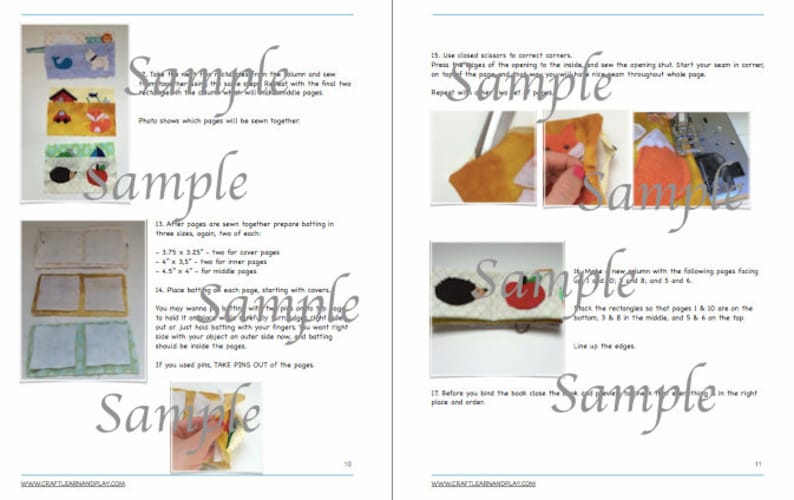 May include: A step-by-step guide for making a felt book. The instructions include sewing pages together, adding batting, and creating a cover. The book features a hedgehog and an apple on the cover.