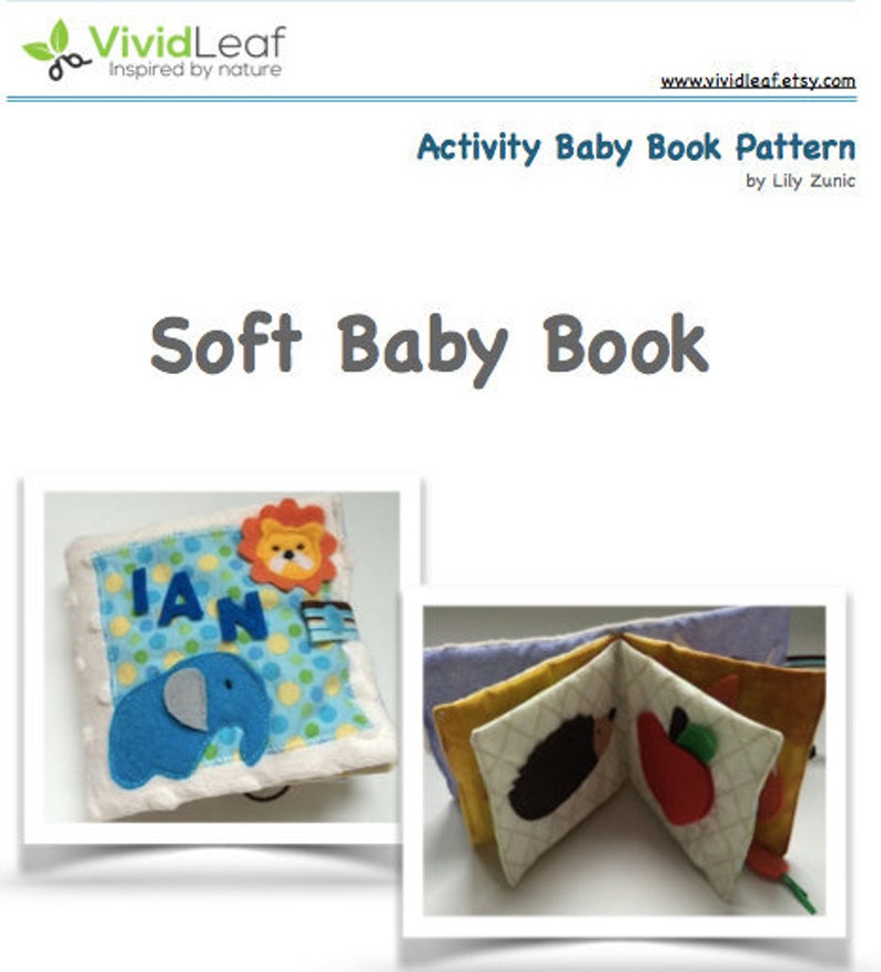 May include: A soft baby book pattern with a blue elephant, a lion, and an apple. The book is made of felt and has a variety of textures for babies to explore.