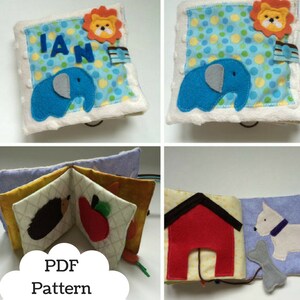 May include: A colorful felt baby book with various textures and shapes. The book features a lion, elephant, hedgehog, apple, house, and dog. The book is titled "PDF Pattern".