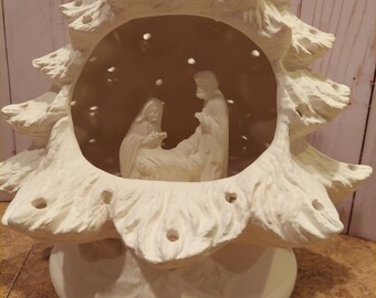 Ceramic Nativity Scene Christmas Tree, Nativity Scene, Ceramic tree, bisque, Christmas, Joseph, Mary, Baby Jesus