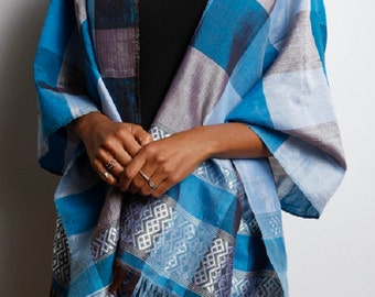 Gorgeous blue and silver Ethiopian handwoven plaid scarf