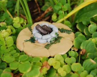 May include: A miniature clay model of a campfire with logs and stones, surrounded by green foliage.