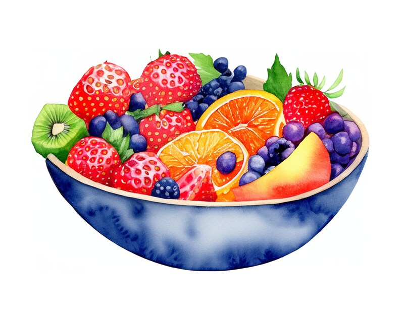 Watercolor Fruit Bowl Clip Art Vibrant Handpainted Digital