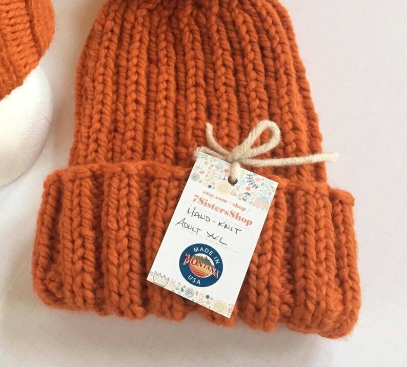 Ponytail or Bun Hand Knit Cuff Hat. Choose your size and color Burnt Orange