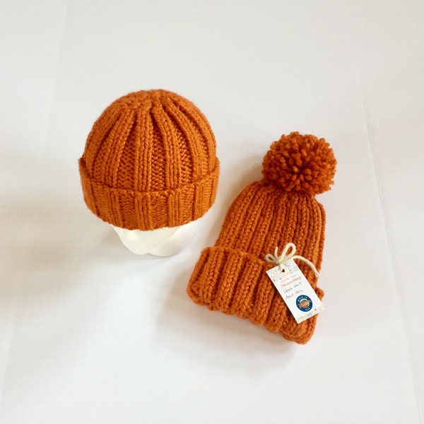 TX Longhorns Thick Warm Cuff OR Pom Hat, Hand-knit Washable Acrylic Wool Blend  All sizes Baby-Adult