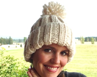 Hand Knit Thick Warm Pom Pom Cuff Hat, Choose your size and color