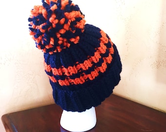 Chicago Bears or Denver Broncos Thick Warm Hand-knit Cuff Hat, Optional Pom