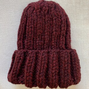 Ponytail or Bun Hand Knit Cuff Hat. Choose your size and color Wine/Burgundy