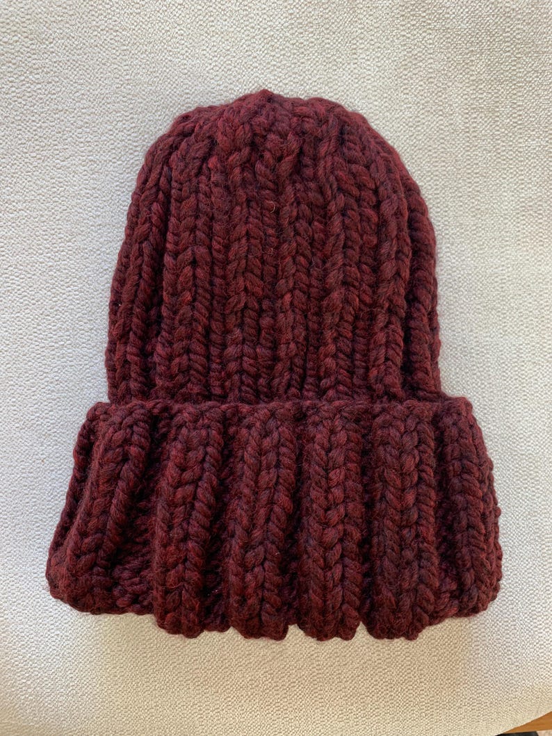 Ponytail or Bun Hand Knit Cuff Hat. Choose your size and color Wine/Burgundy