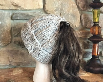 Ponytail or Bun Hand Knit Cuff Hat. Choose your size and color