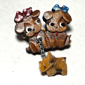 Vintage Wooden Puppy Lapel Pin Brooch With Dangling Scottie Dog