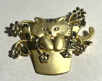 BIJOU VINTAGE BROCHE CHAT CHATON CAT MÉTAL DORÉ CRISTAUX